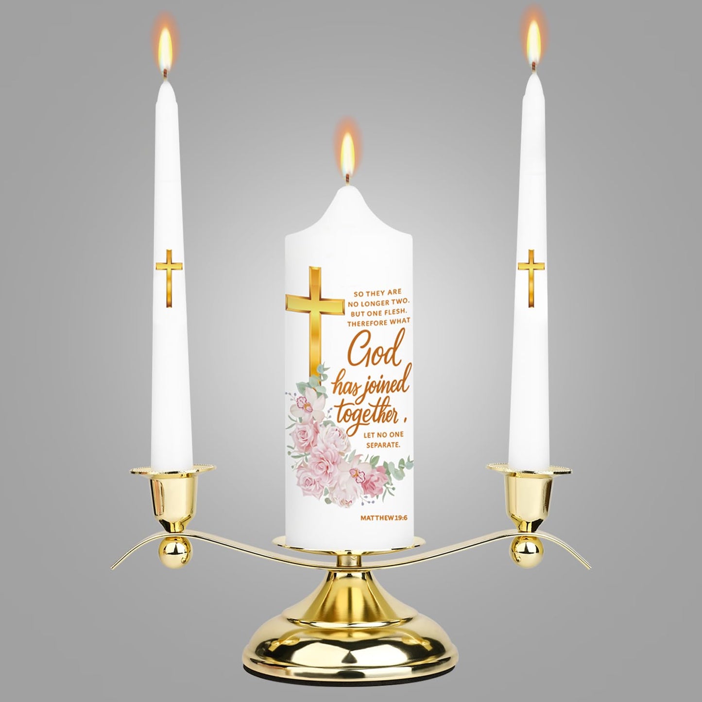 LakWilows Unity Floral Candles for Ceremony with Gold Metal Holder, Wedding Candle with Cross & Scripture, Christian & Catholic Wedding Ceremony Candle for Bride and Groom