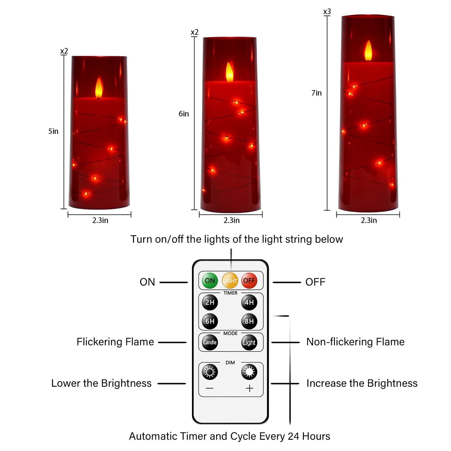 Eebuss Flameless Candles with Embedded Star String, Battery Operated LED Pillar Candles with Timer and Remote Control,Home Decorating for Ambiance， Set of 7 (Red)