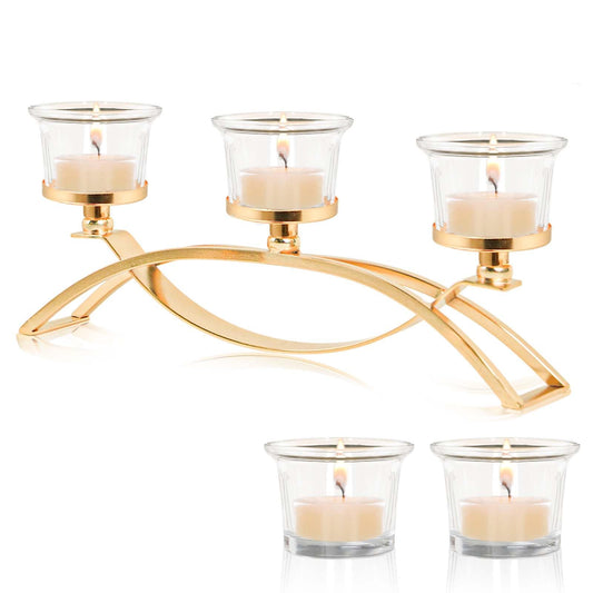 3-Arm Metal Tea Light Candle Holder Set with 5 Glass Cups, Votive Candle Holders Centerpiece Candelabra for Wedding Table Decor, Home Gatherings and Holidays (Gold, 5 Cups)