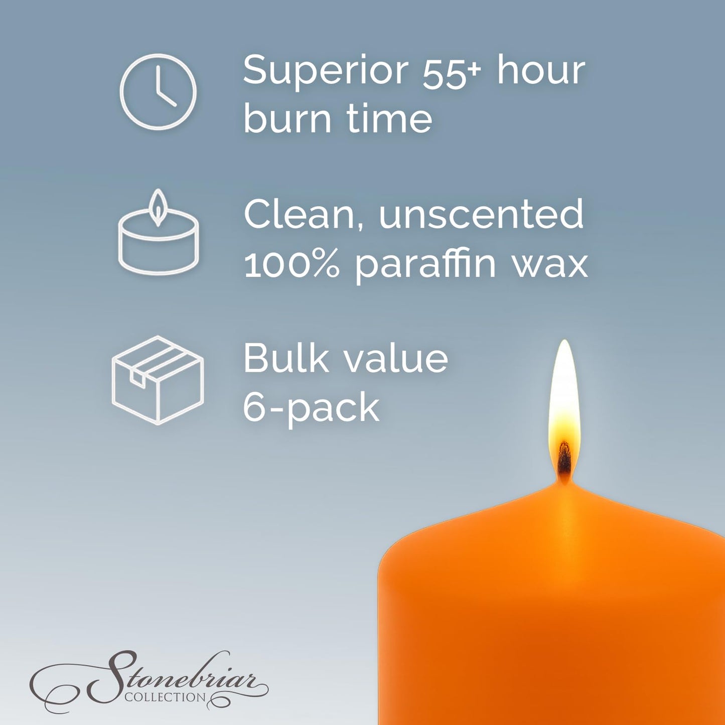 Stonebriar Unscented Pillar Candles – 65 Hour Burn Time, Long-Lasting Wax Candles for Weddings, Holidays, Home Décor & Special Events, Pack of 6, Orange, 3" x 6"