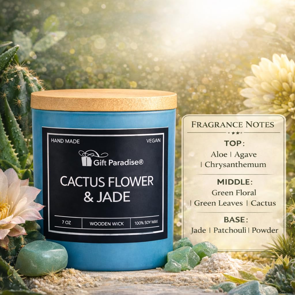 Gift Paradise® Cactus Flower & Jade Candle, 7 oz Soy Wax Candle, Wooden Wick, Fresh Floral Green Scent, Aromatherapy Candle for Relaxation, Luxury Gift for Women & Men, Spring Summer Home Fragrance