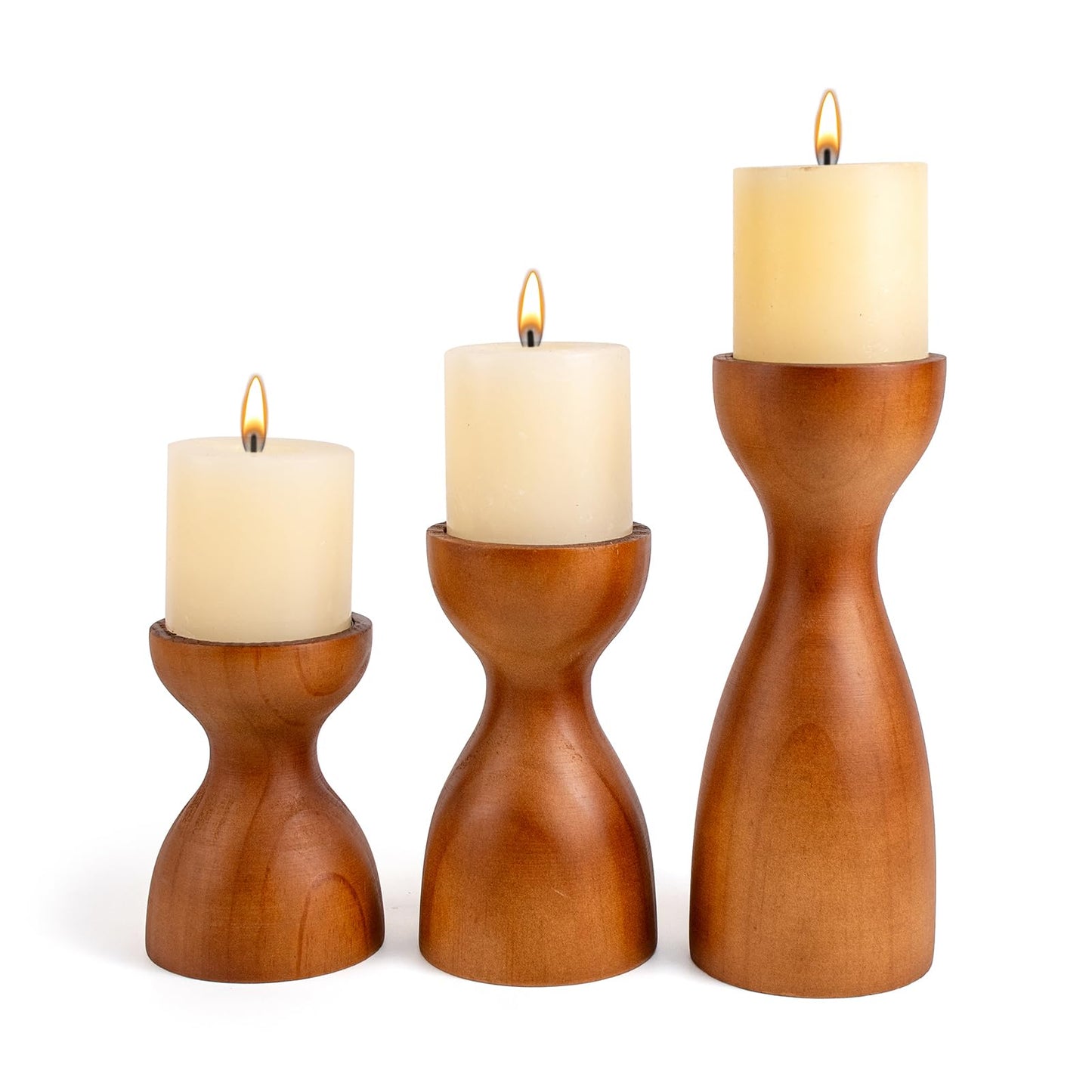 Set of 3 Farmhouse Wooden Candle Holders for Pillar Candles , Brown Rustic Wood Pillar Candle Stands Table Centerpiece Decor for Fireplace, Living, and Dining Room
