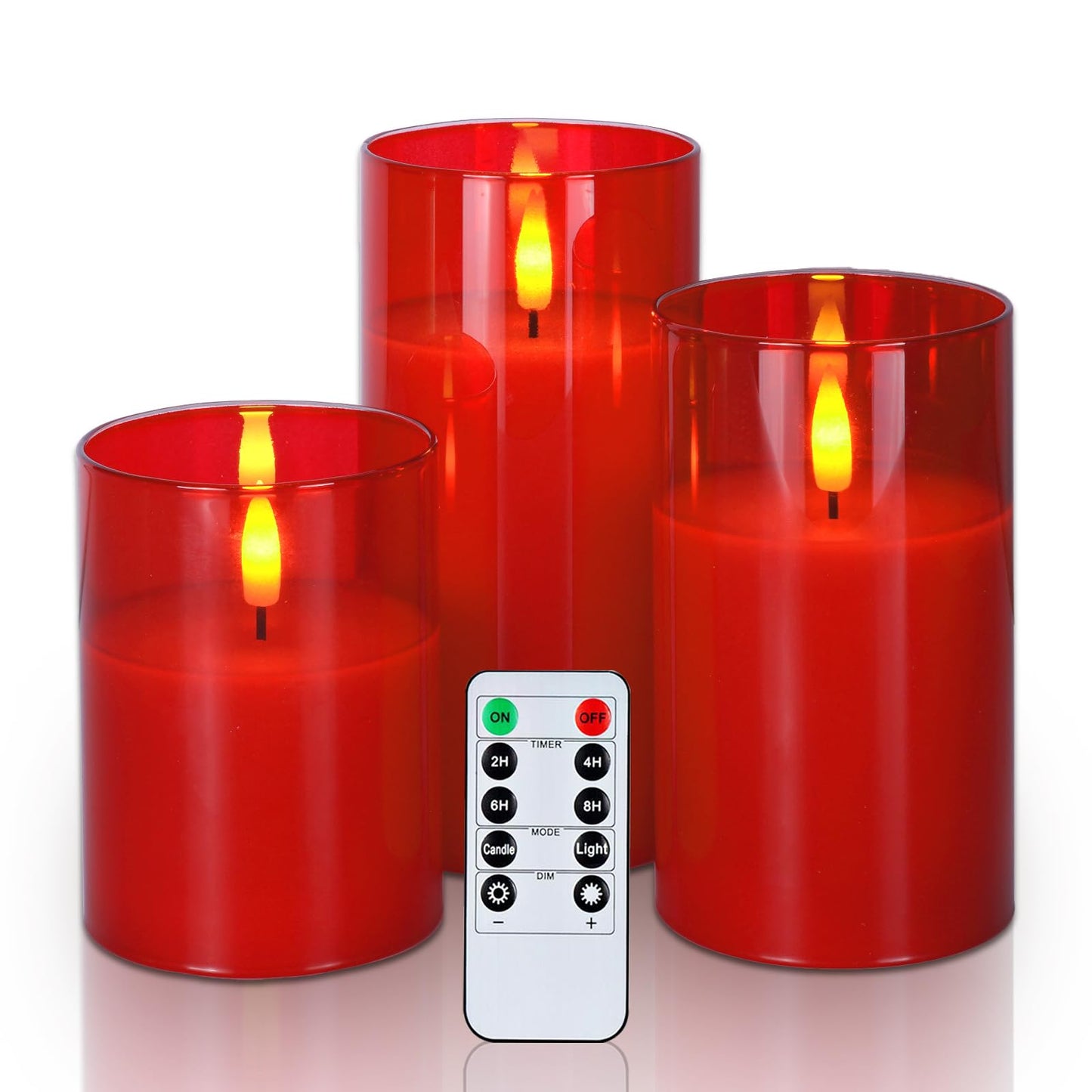 Amagic Christmas Glass Flameless Candles with Remote, Real Wax Pillar Candles Batter Operated with Timer, Red LED Fake Candle for Thanksgiving Decor, Set of 3, D3 xH4 5" 6"
