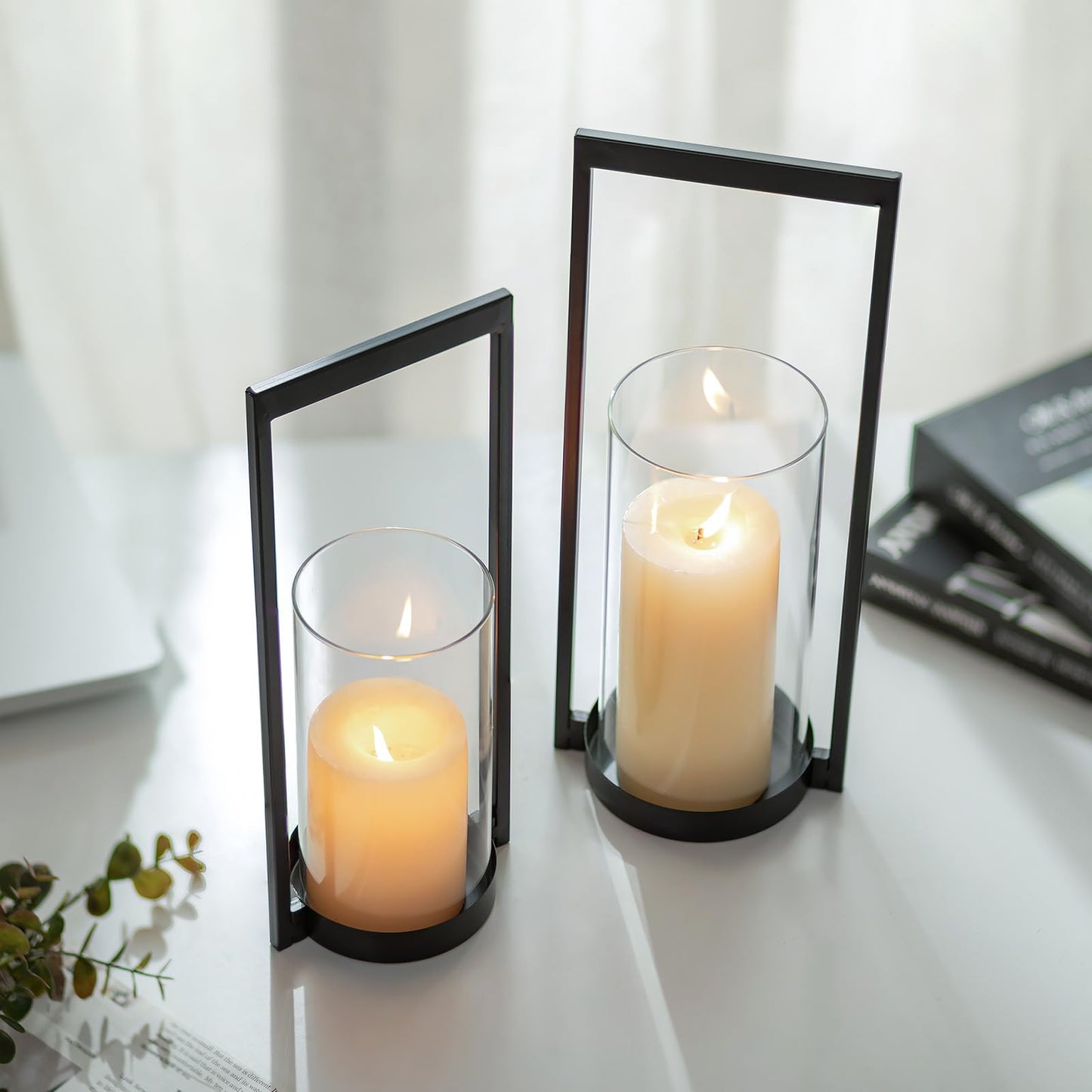 Sziqiqi Hurricane Candle Holder for Pillar: Black Modern Candle Holders for Table Centerpiece - Geometric Candle Stand Set of 2 with Glass for Living Room Fireplace Christmas Decor