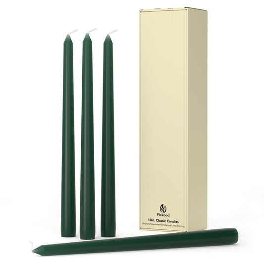 Pickood 10-Inch Tall Dripless Taper Candles Set of 4 - Dark Green Tapered Candles, Perfect for Christmas - Smokeless, Unscented, Long Burning - Hand Poured, Colored Tall Candlesticks - Hunter Green