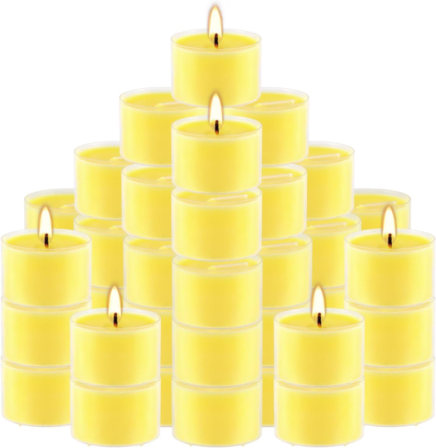 100 Pack Clear Tea Lights Candles Bulk, Summer Citronella Candle Outdoor and Indoor, for Birthday Emergency Home Garden(8 Hour, Yellow)