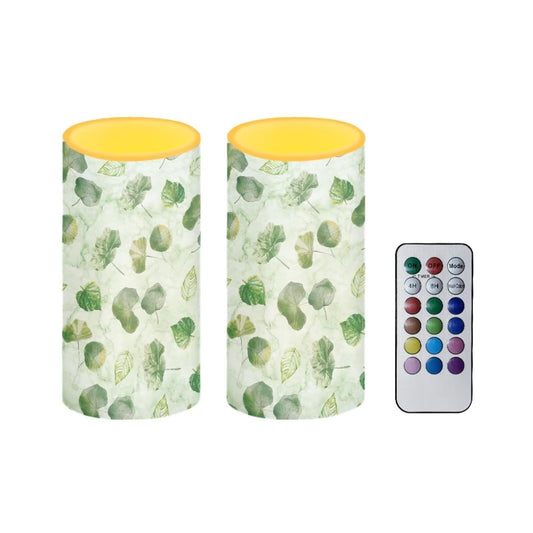 NETILGEN Flameless LED Candles Set of 2 with 18-Key Multicolor Remote Control Timer Flickering Wick Pillar Candles Home Ornaments, Green Leaf Lotus Leaf