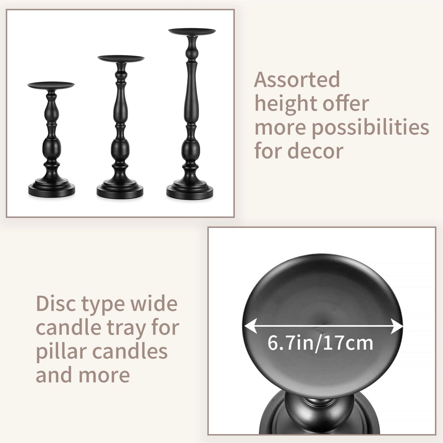 Sziqiqi Pillar Candle Holders Tall - Set of 3 Black Candle Stand for Pillars Large Metal Candleholder Sets Decorative for Christmas Halloween Living Room Easter Entryway