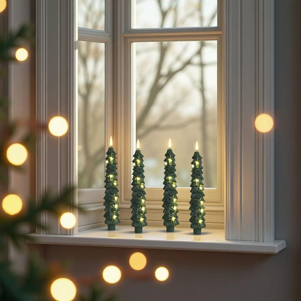 4 Pack Christmas Tree Candles with Remote, 9.4 Inch Plastic flameless Taper Candles with Embedded Star String,LED Battery Operated with 3D Flickering Flame,Window Candle for Christmas Decor