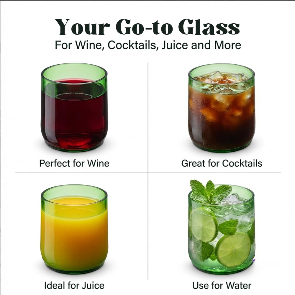 Mosa Wine Bottle Drinking Glasses (230ml, 7.7oz, Set of 2) – Upcycled Stemless Glassware for Wine, Cocktails & Everyday Use | Eco-Friendly Sustainable Drinking Glasses (Green)
