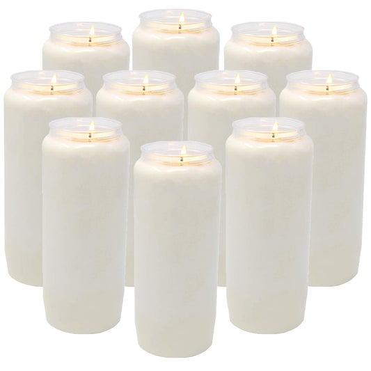 Nine Day memorial prayer Candle in Plastic Jar - Bulk 10 Pack- large Tall white pillar votive unscented vegetable oil candles to use in religious sanctuary praying or emergency blackout candels