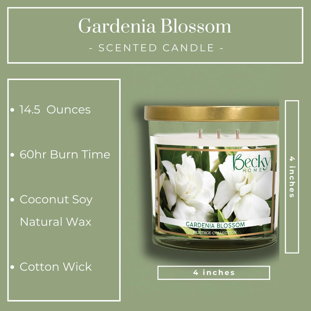 Becky Home Gardenia Blossom 3 Wick Candle, 14.5oz, Large, Traditional, White, Glass Jar, 4" H x 4" D, 60+ Hour Burn Time, Indoor Use, 1 Count