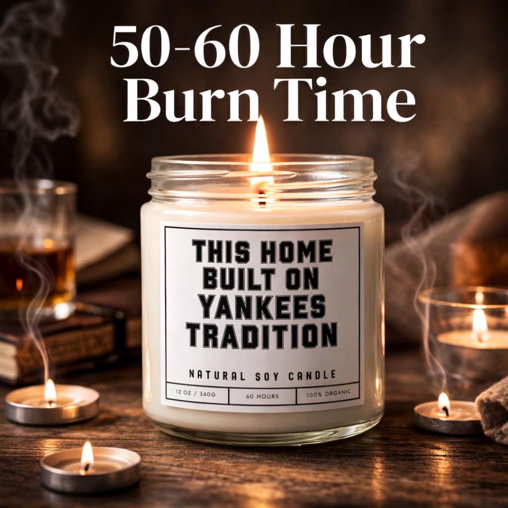This Home Built on Yankees Tradition Sports Candle - Scented Soy Wax Candle (8.0 oz) 50-60 Hour Burn Time, Cotton Wick, Frosted White Glass Jar