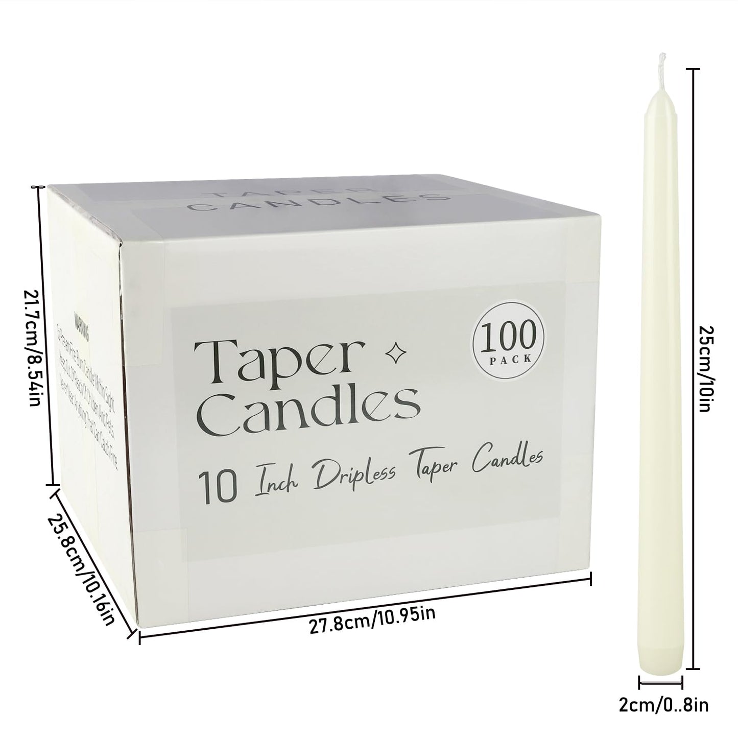 YOROXRG 100Pack Ivory Taper Candles, 7-8 Hours Burn Time, Unscented, Smokeless and Dripless, 0.75 x 10 Inch Dinner Candle Set for Household, Wedding, Party and Home Décor Candlesticks