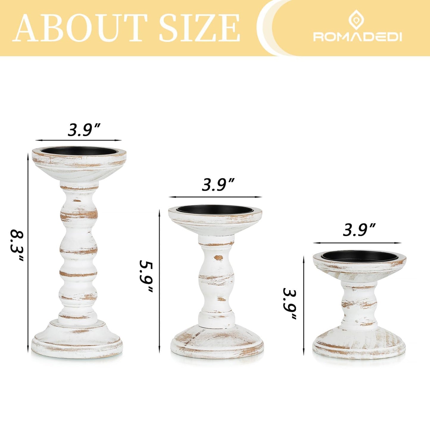 Romadedi Wood Candle Holders for Pillar Candles - Set of 3 Tall Farmhouse Wooden Candlestick Holder, Rustic Candle Stand for Fireplace Mantle Shelf Table Home Decor, Brown Whitewashed 3.9"/6"/ 8.3"
