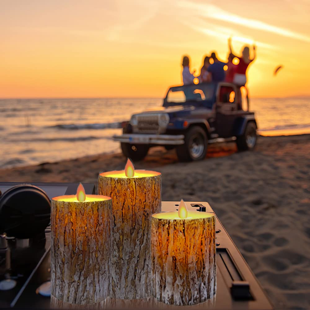 MIVITOOM Pine Bark LED Flameless Pillar Candles Battery Operated with Flickering Warm Yellow Light Moving Wicks, Pack of 3 (D 3”×H 4”5”6”) Real Wax Candles with Timer and Remote Control