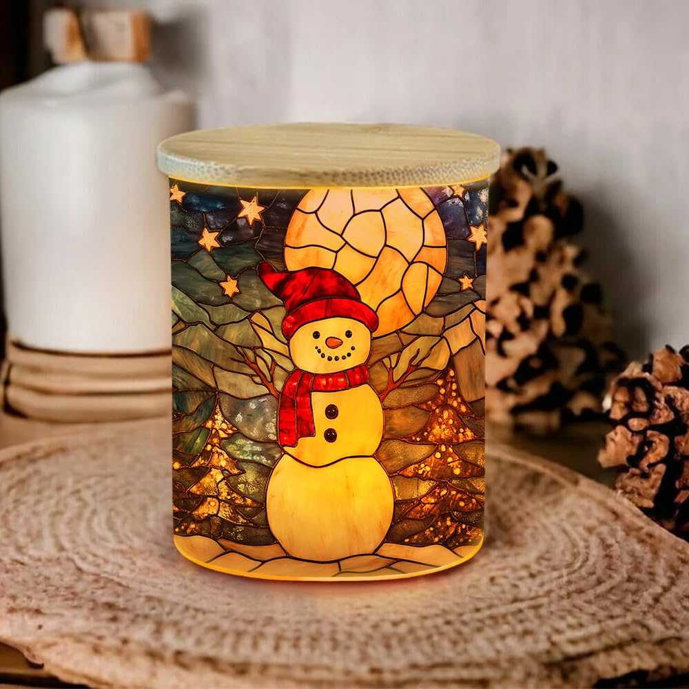 Winter Snowman Stained Glass Tealight Candle Holder, Christmas Tree Decorations Candle Jar Tea Light Holder, Tealight Holders Candlesticks Gift for Halloween Christmas Thanksgiving, 3.5x2.8in