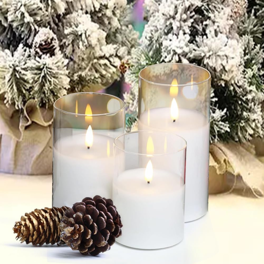CANDLE CHOICE Real Wax Battery Operated Flameless Pillar Candles with Remote Timer Clear Glass Shell Realistic Black Wick Flickering Electric LED Lights Wedding Halloween Christmas Decorations 3 Pack