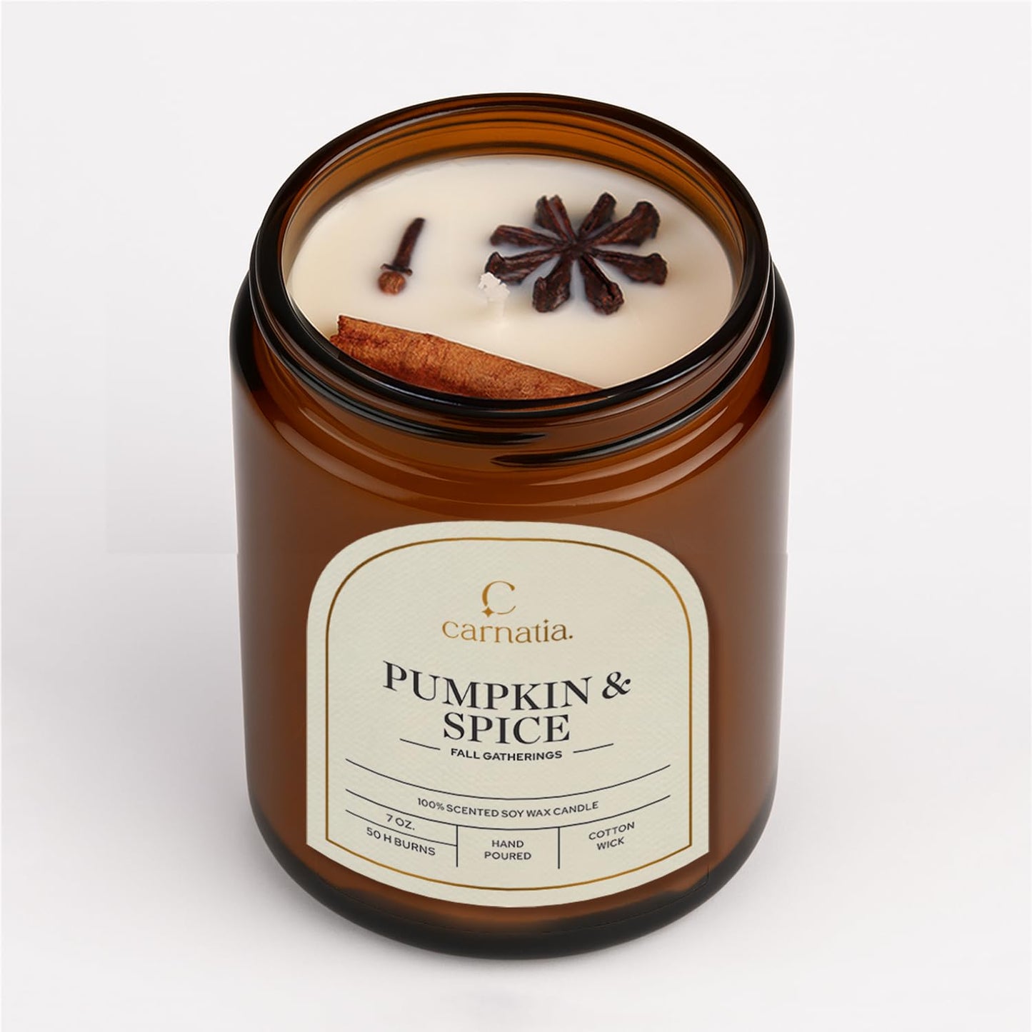 Carnatia Pumpkin & Spice Scented Candle – 7 oz | 100% Soy Wax with Cotton Wick | 50 Hour Burn | Aromatherapy Candle for Home, Cozy Fall Ambience & Relaxation | Gift for Women & Men