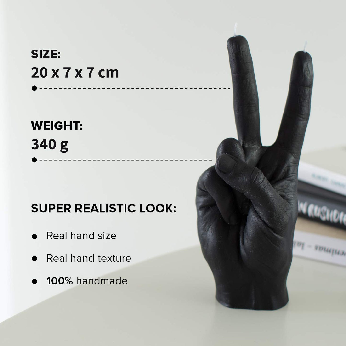 CandleHand Hand Gesture Candle Peace Sign - Big Real Hand Size 6.7 x 4.3 x 2.4 inches - Handmade Winner Statue - Birthday, Office, Housewarming Gift (Black)