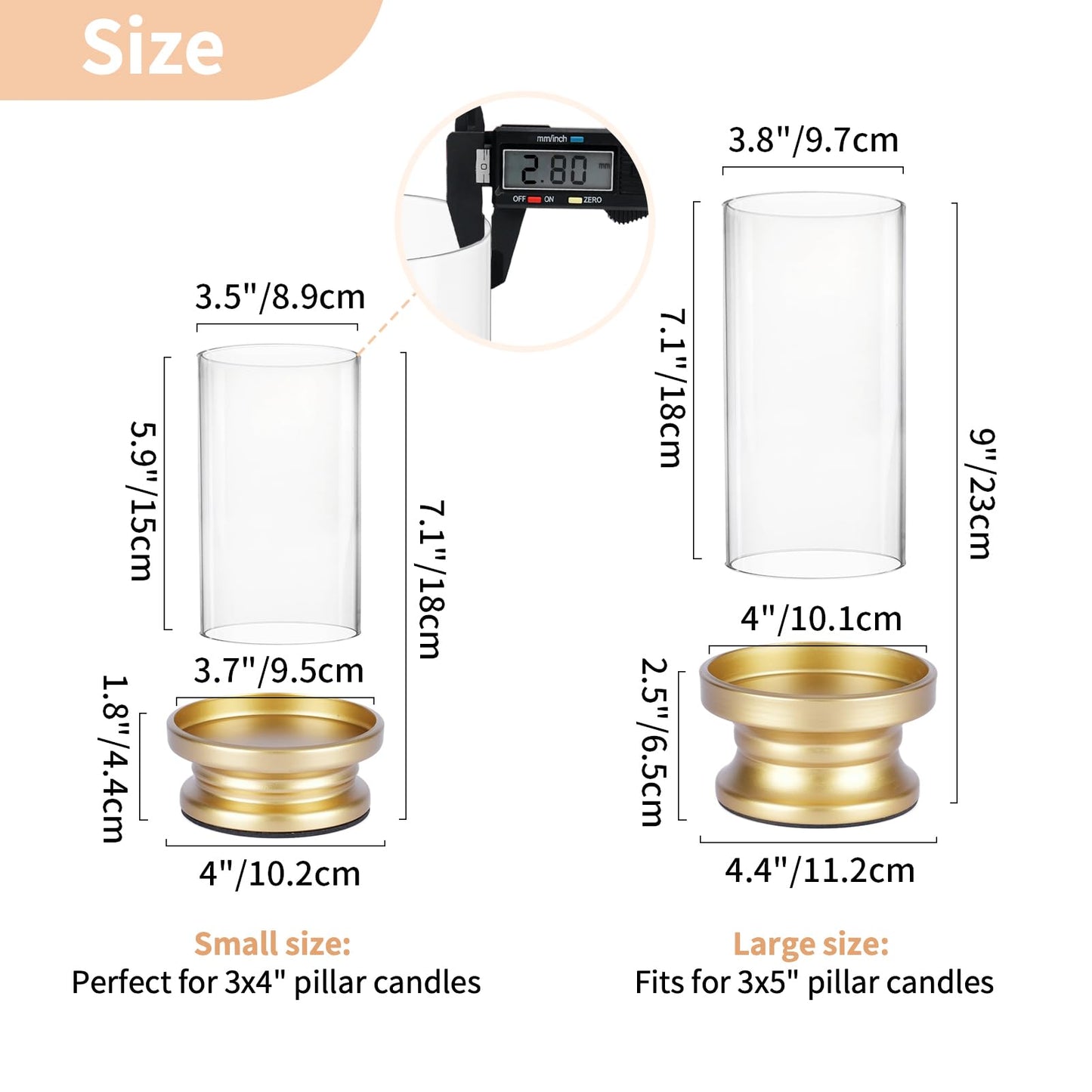 NUPTIO Hurricane Candle Holder Gold: Pillar Candle Holders with Clear Glass Sleeve - Set of 2 Decorative Brass Metal Pillars Stand for Dining Table Centerpiece Shelf Fireplace Mantel Decor