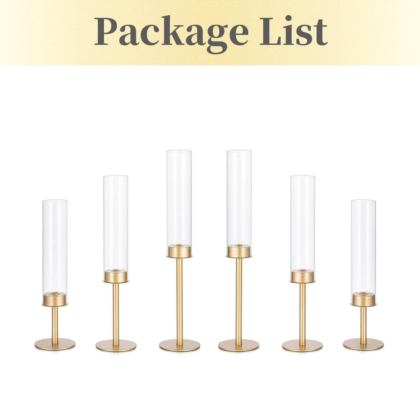 Hewory Gold Candle Holders - 6Pcs Brass Hurricane Candlestick Holders with Glass Candle Cover for Wedding Table Centerpiece Christmas Decor