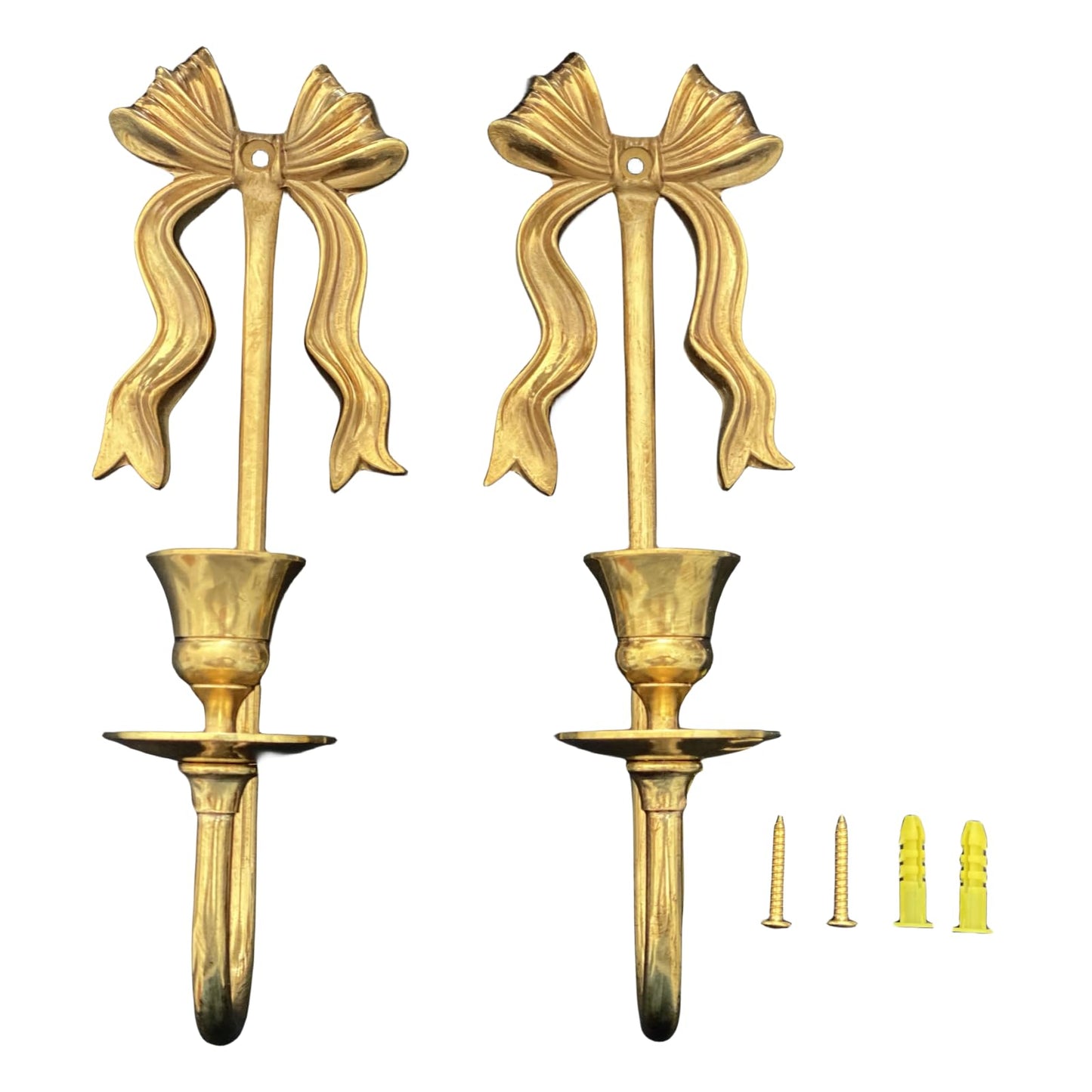 TerkCo Brass Wall Candle Sconces Wall Decor Set of 2, Antique Gold Bow Candle Stick Holders,Wall Mounted Home Decoration,for Living Room,Dining Room, Bedroom（No Candle (Gold 1)