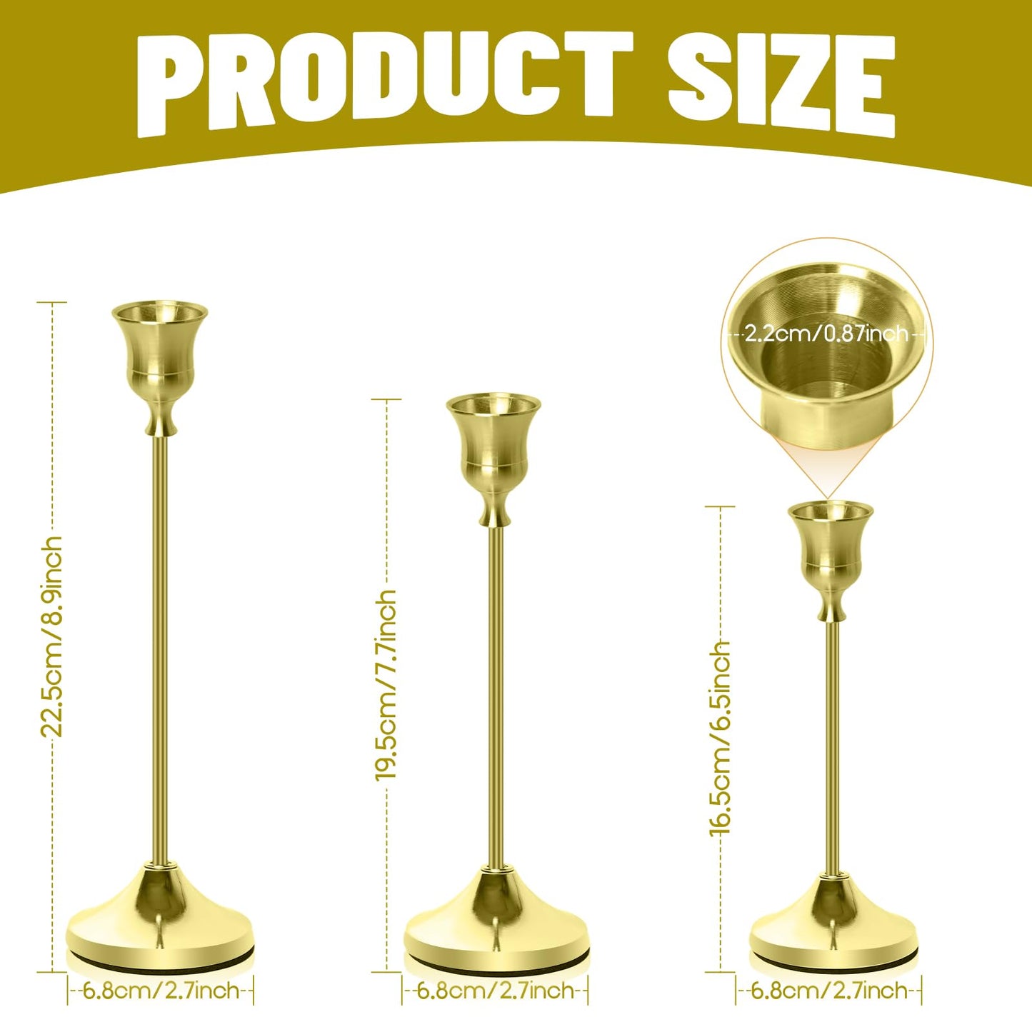 Bryzont Brass Gold Candlestick Holders Metal Taper Candle Holders Set of 3 Rustic Stands for Dining Table, Wedding Centerpiece Decor, Birthday
