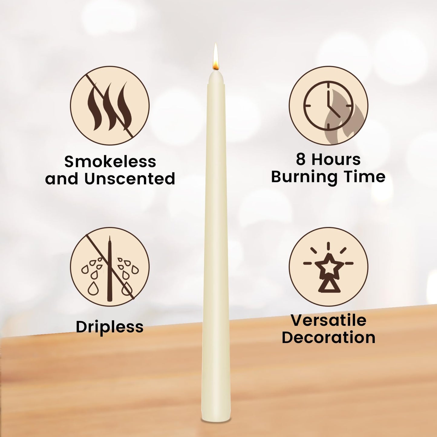 KORCCI Ivory Taper Candles 10 Inch - Set of 6 Long Candles, 8 Hours Long Burning, Smokeless & Unscented & Dripless, for Christmas Holiday Décor, Weddings, Birthdays, Dinner, Rituals (Ivory)
