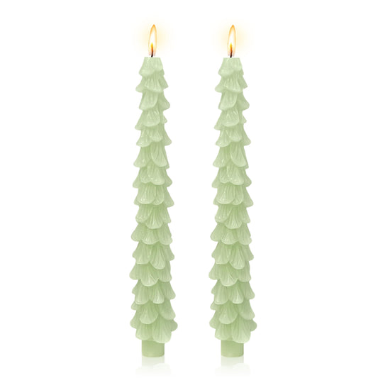 Tree Taper Candles Set of 2, 10 Inch Frosted Sage Handmade Candle Stick, Unscented Candlesticks, Tapered Candles for Holiday Dinner Table Decor Gift