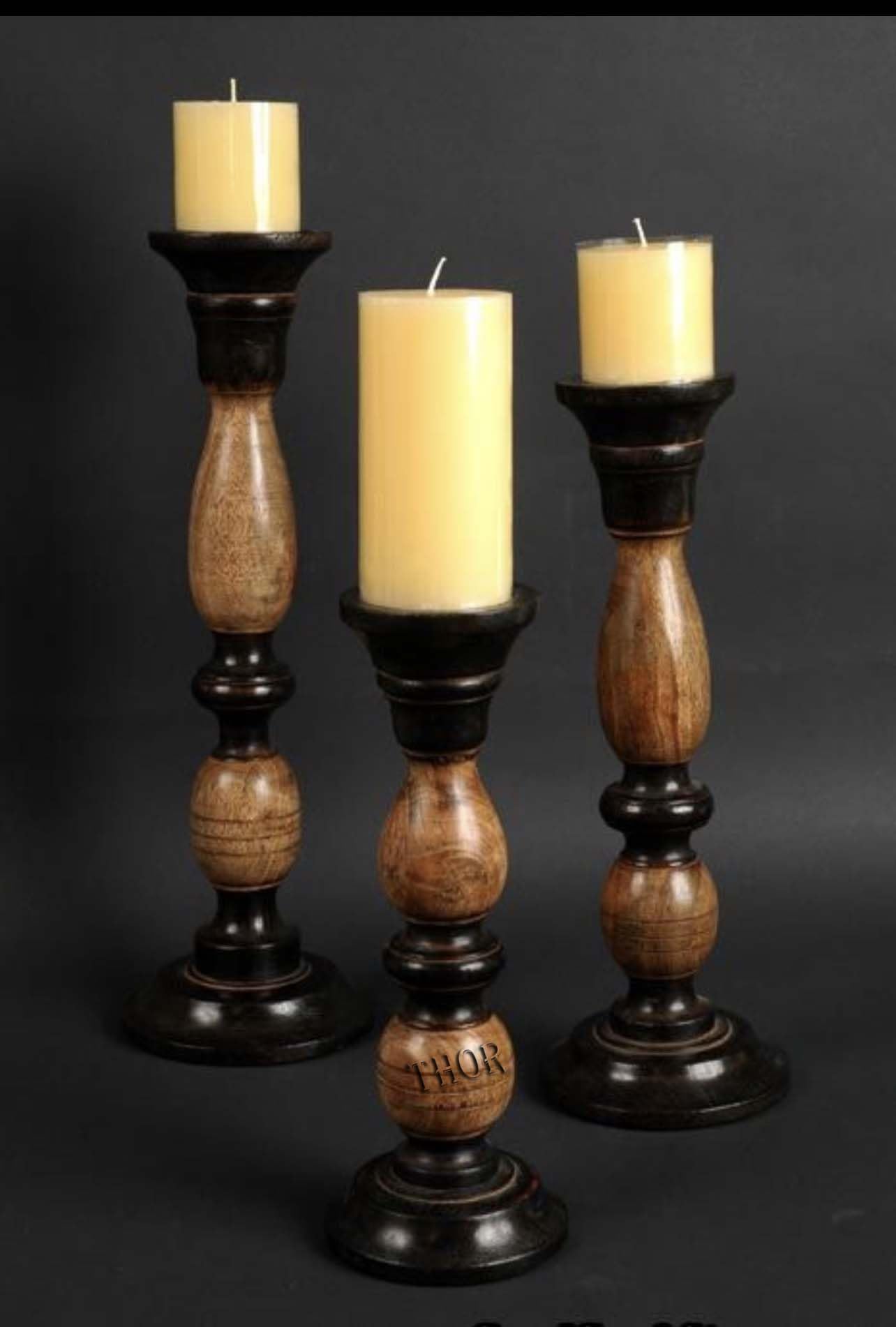 Black Candle Holder Brown Wood Beautiful Tall Farmhouse Set of 3