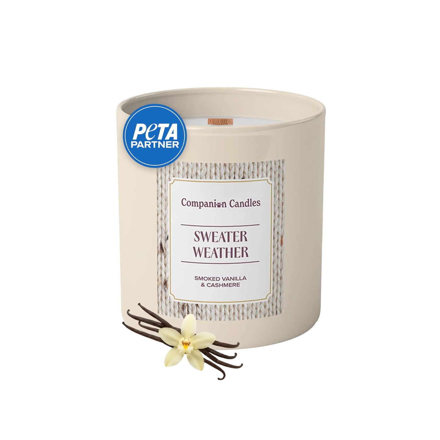 Companion Candles Sweater Weather Pet-Friendly Scented Candle – Smoked Vanilla & Cashmere Fragrance - Coconut Soy Wax Candle with Wooden Wick, Approx. 50-Hour Burn Time, Made in USA, 11.8 oz