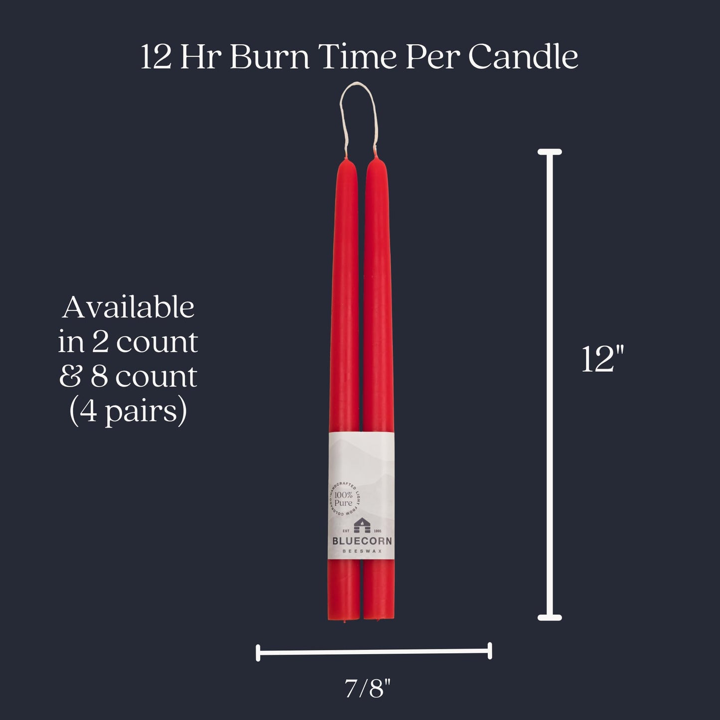 Bluecorn Beeswax Taper Candles, 100% Pure Natural Bees Wax, Pair of 12 Inch Red Tapered Candlesticks, Clean Burning & Dripless, Fragrance Free, Long Lasting, Home Decor, American Made, 1 Count