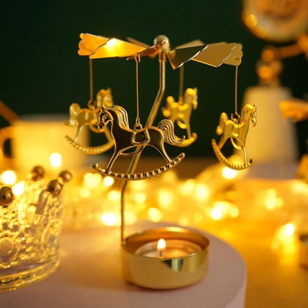 Rotating Candle Holder, Romantic Metal Tealight Candlestick Spinner Carousel Candle Tea Light Holder for Christmas Home Decor(Carousel,Silver)
