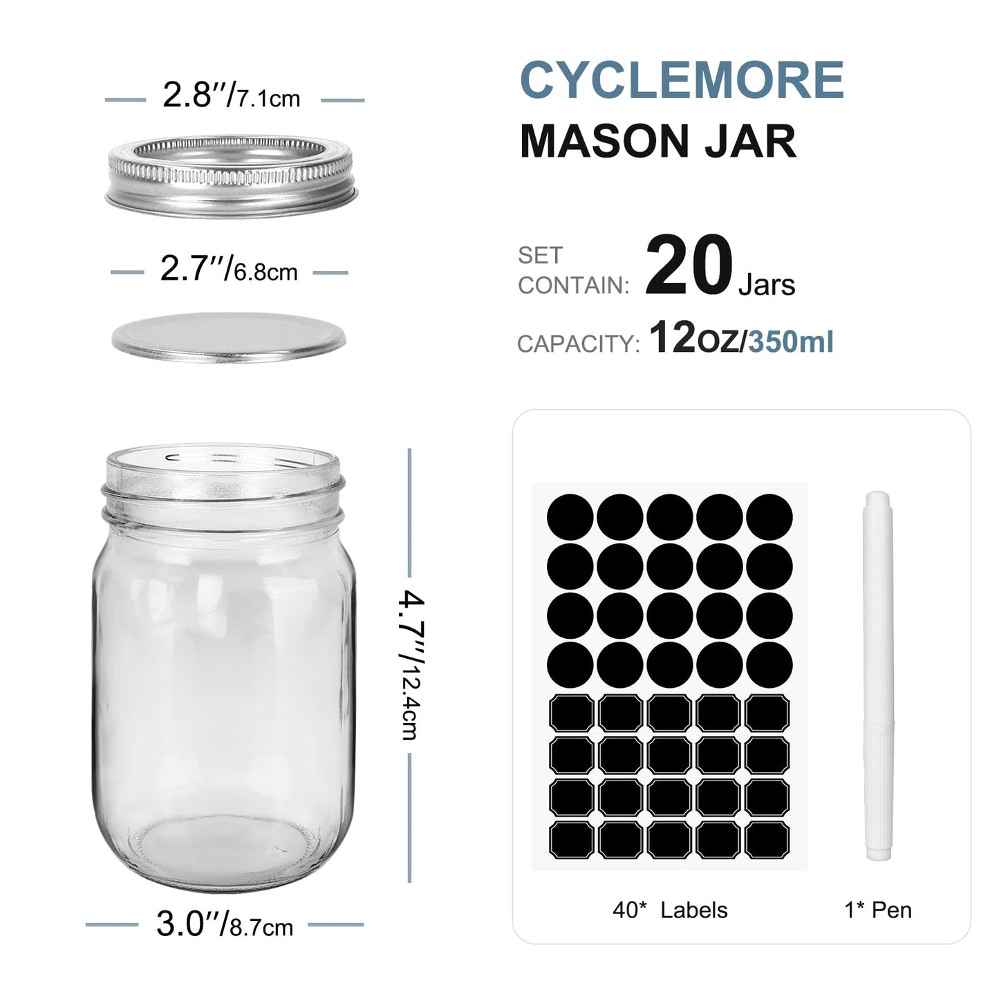 CycleMore 20 Pcs 12oz Glass Mason Jars With Silver Separable Lids, 350ml Round Canning Jars for Honey, Jam, Herb, Wedding Favor, Kitchen Storage Wide Mouth Bottles for Crafts, Meal Prep