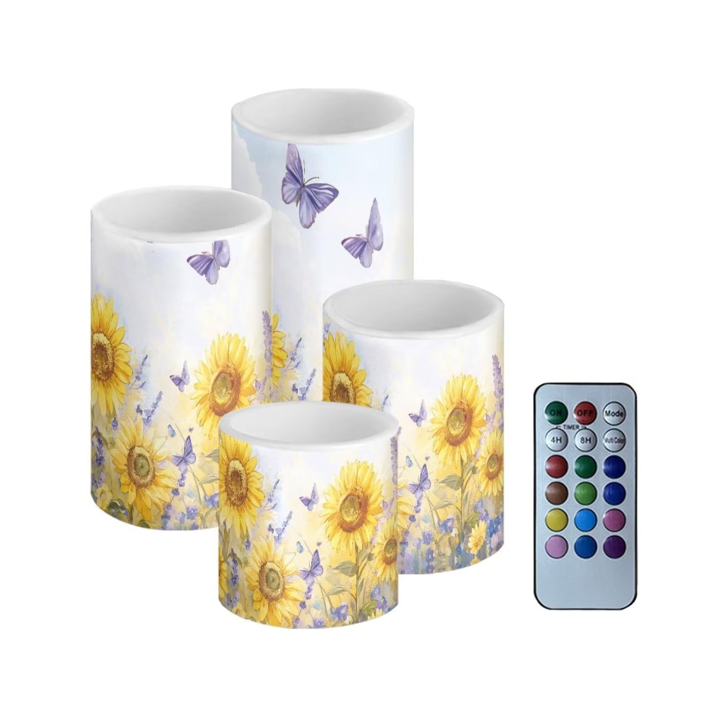 Cozeyat Sunflower Butterfly Flameless Candles 4 Pack Battery Operated LED Pillar Candles with Remote Timer Flickering Waterproof for Garden Beach Wedding Birthday