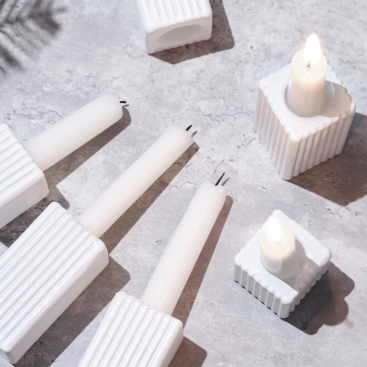 LETINE 12pcs White Vertical Stripe Glass Candlestick Holders - Chic Taper Candle Sticks Holder Set for Elegant Dining & Home Decor - Ideal for Wedding Centerpieces, Parties, and Celebrations