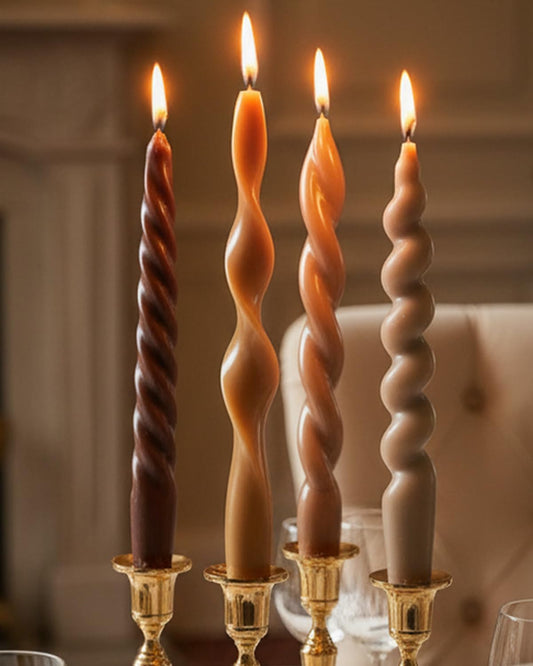 Brown Short Taper Candle Stick Spiral Taper Candle for Wedding Party Fall Decoration Home Dinner Decoration Unscented Candles,7.6inch,4 Pack