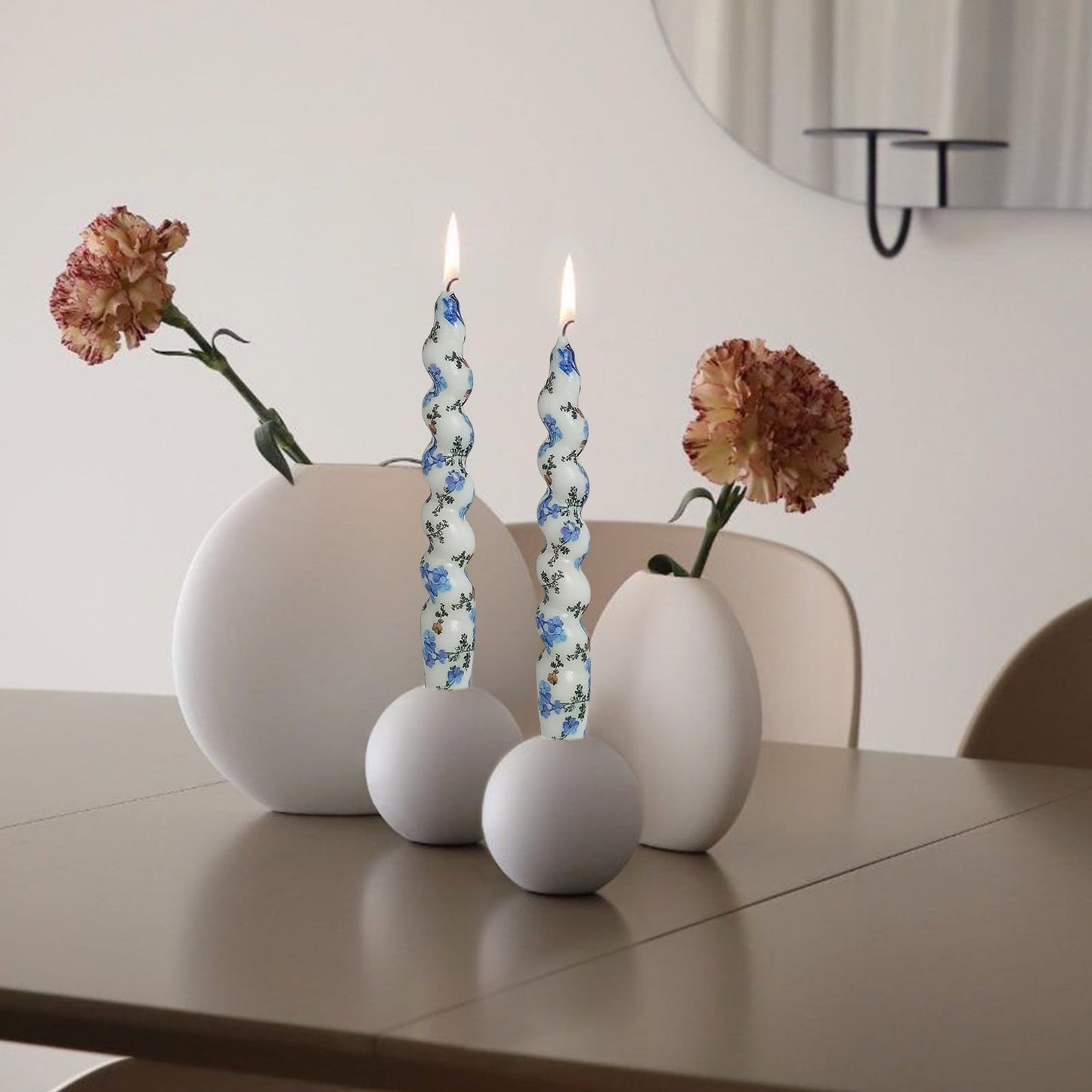 Short Taper Candle Forget-Me-Not Candles Floral Print Spiral Candlesticks, 7.5 Inch Handmade, Set of 2 for Home Wedding Party Decor Gifts