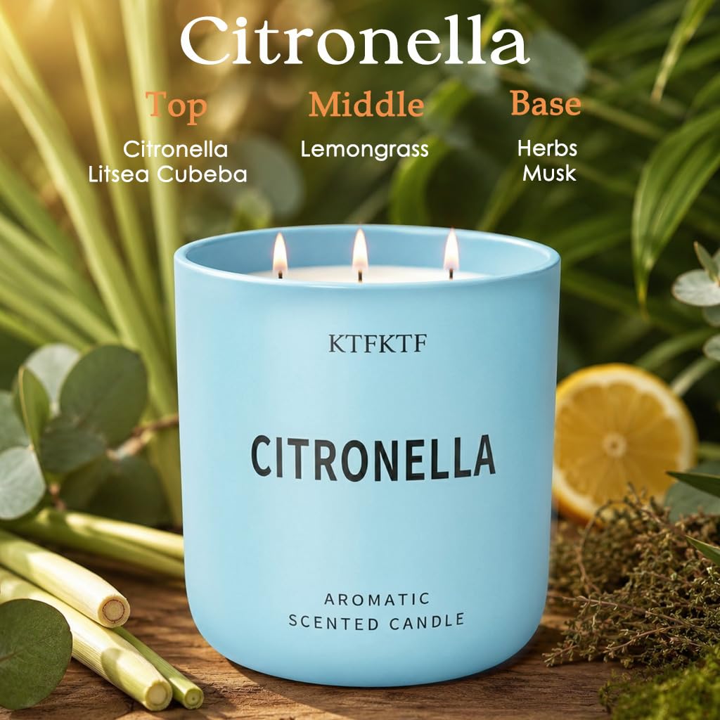 KTFKTF Citronella Candles Outdoor - 14.1oz Large 3 Wick Jar Candle with 80 Hour Burn, Natural Soy Wax, Non-Toxic Outdoor Candle for Patio, Camping, Backyard & Home