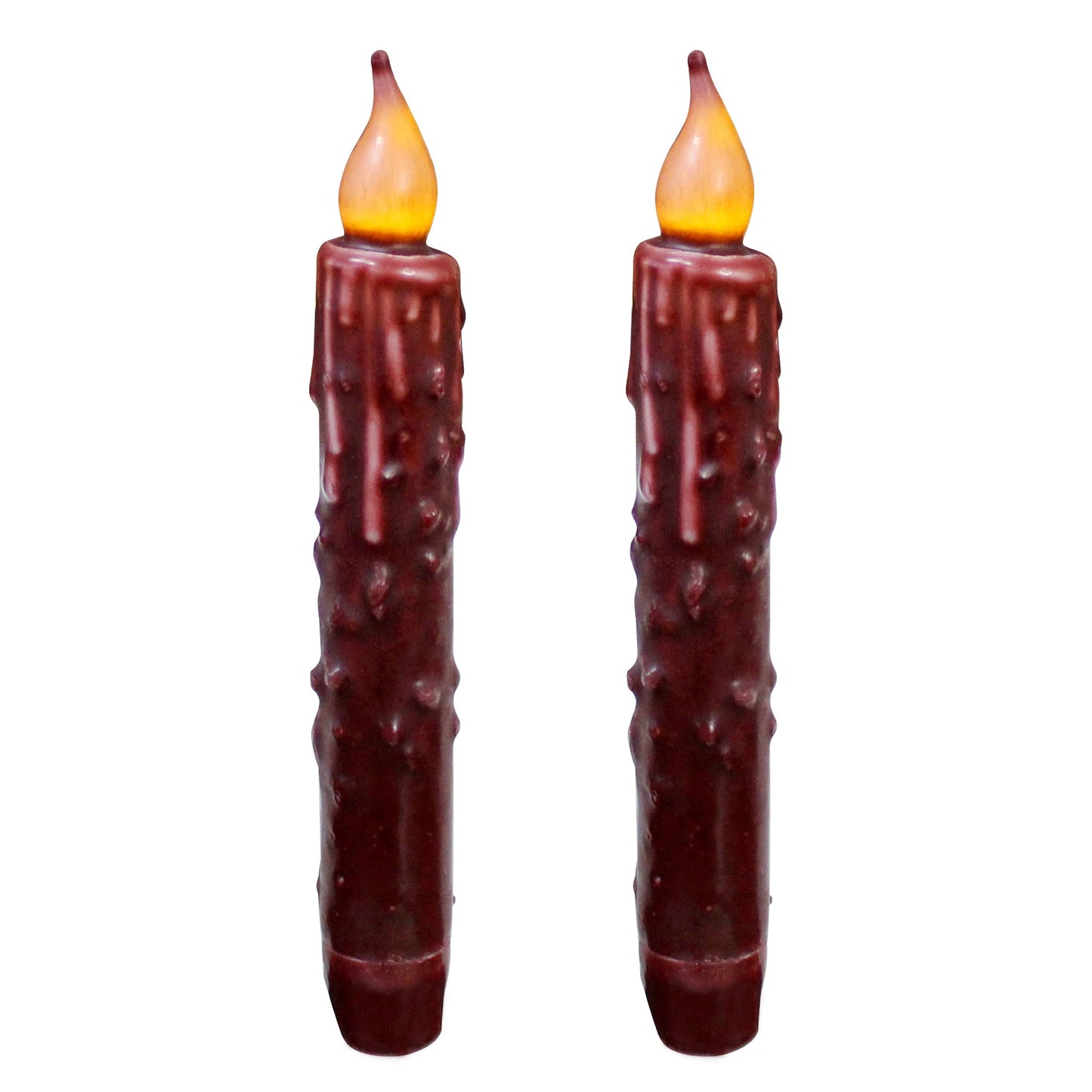 CVHOMEDECO. Real Wax Hand Dipped Battery Operated LED Timer Taper Candles Country Primitive Flameless Lights Décor, 6-3/4 Inch, Burgundy, 2 PCS in a Package