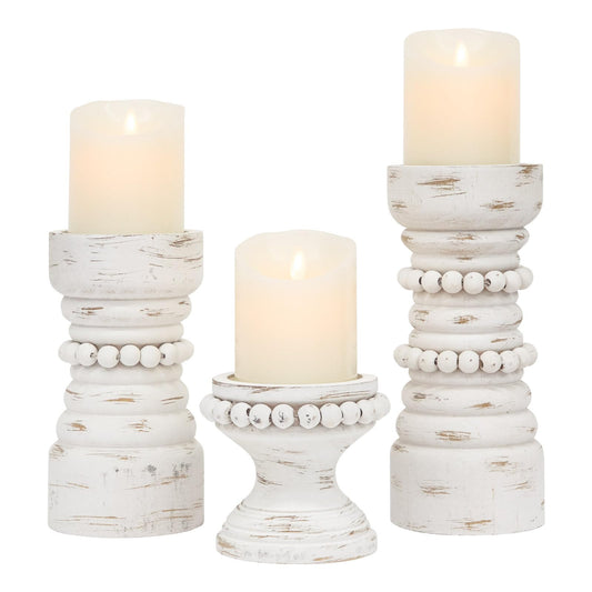MODE HOME Rustic White Wood Candle Holders Set of 3, Farmhouse Beaded Wood Pillar Candle Holder, Candle Holders for Pillar Candles & Candlesticks, Candle Sticks Holder Decor for Table Centerpiece