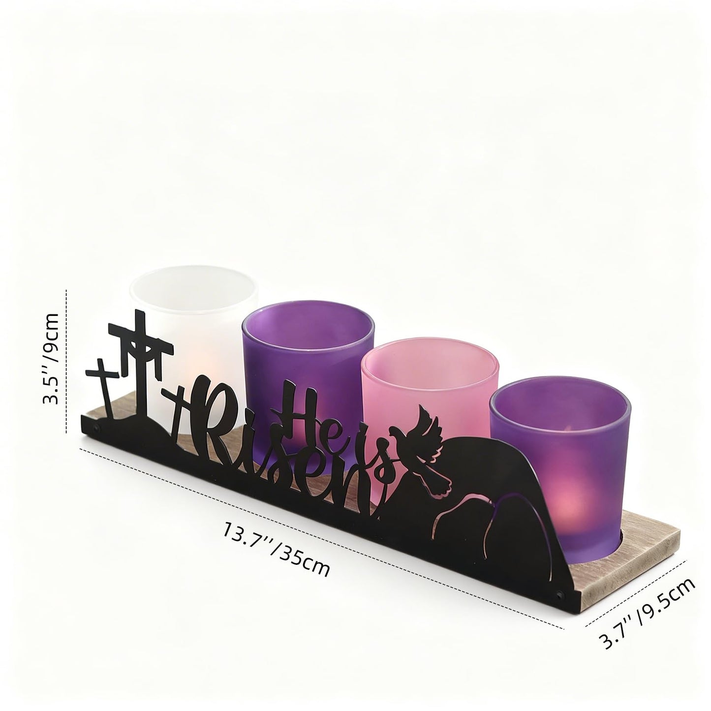 SYFURNIX He is Risen Easter Decor, 4 Glass Votive Tealight Candle Holders & 1 Wooden Tray, Easter Religious Decor for Church Event Pray Table Centerpiece, Christian Gift