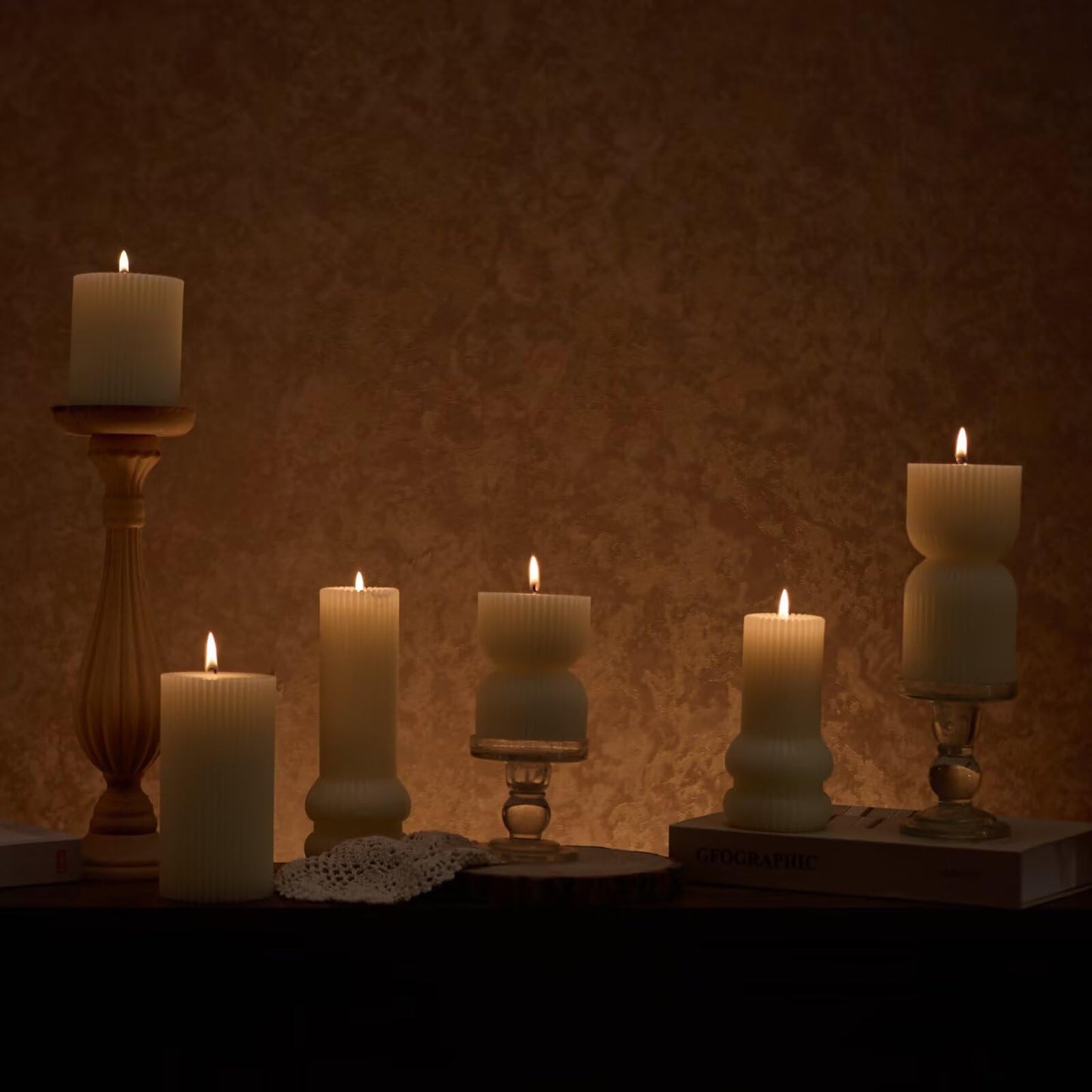MOZEAL Hand-Poured Curved Ribbed Soy Blend Pillar Candles Set of 3 - Decorative Ivory Unscented Dripless Smokeless (3x4,6",8") 300 Hr Burn - Cozy Ambiance