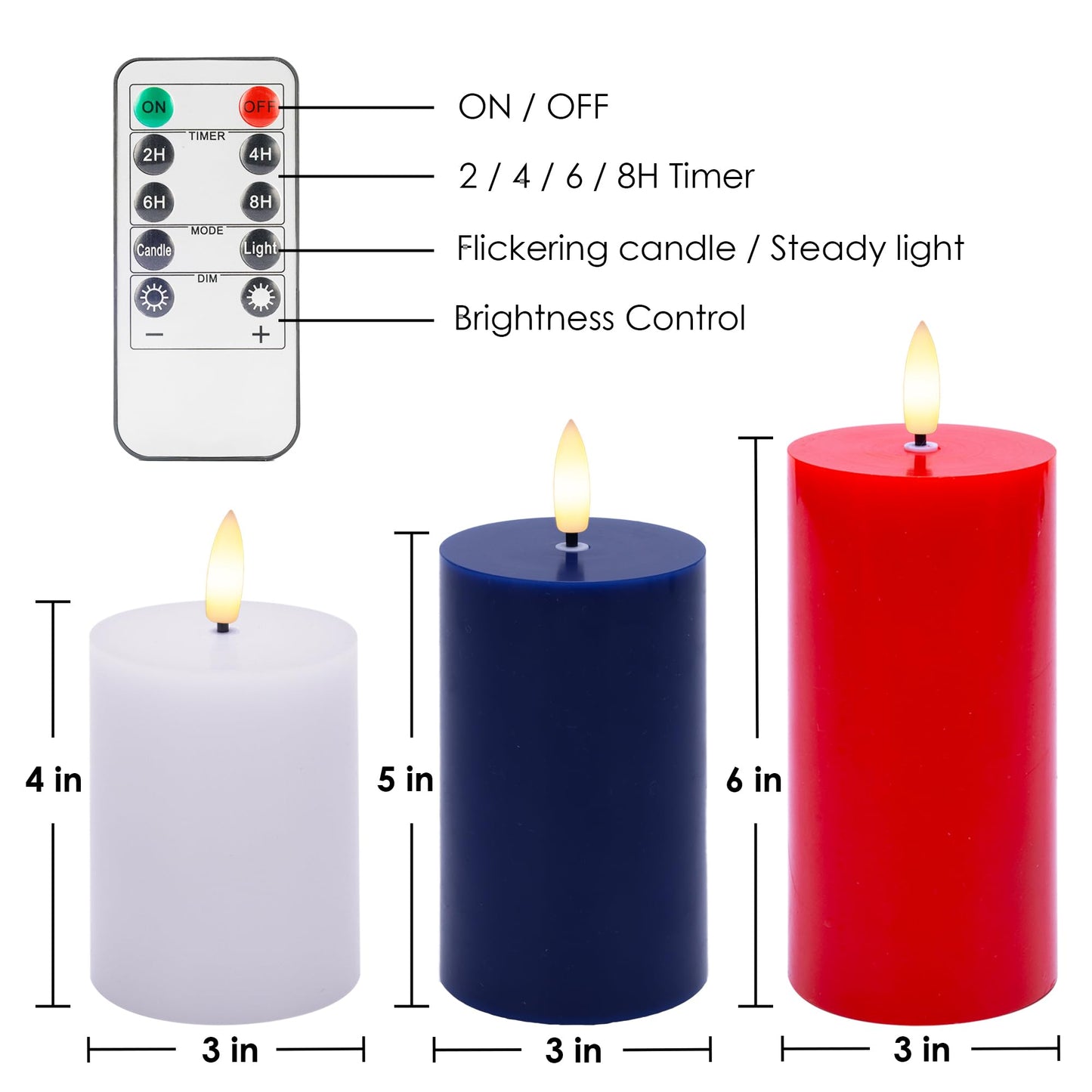 JOIONE 4th of July Red White and Blue Flameless Pillar Candles with Remote, 3 Pack Patriotic Battery Operated Real Wax LED Candles, Perfect for Independence Day Home Decorations Fireplace Table