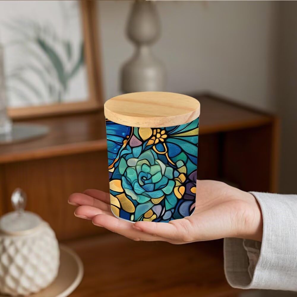 Stained Glass Butterfly Home Decoration Tea Light Candle Jar Candlesticks, LED Tealight Candleholder, Blue Flowers Tealight Candle Holders with Bamboo Lid for Table Centerpiece Party Decor