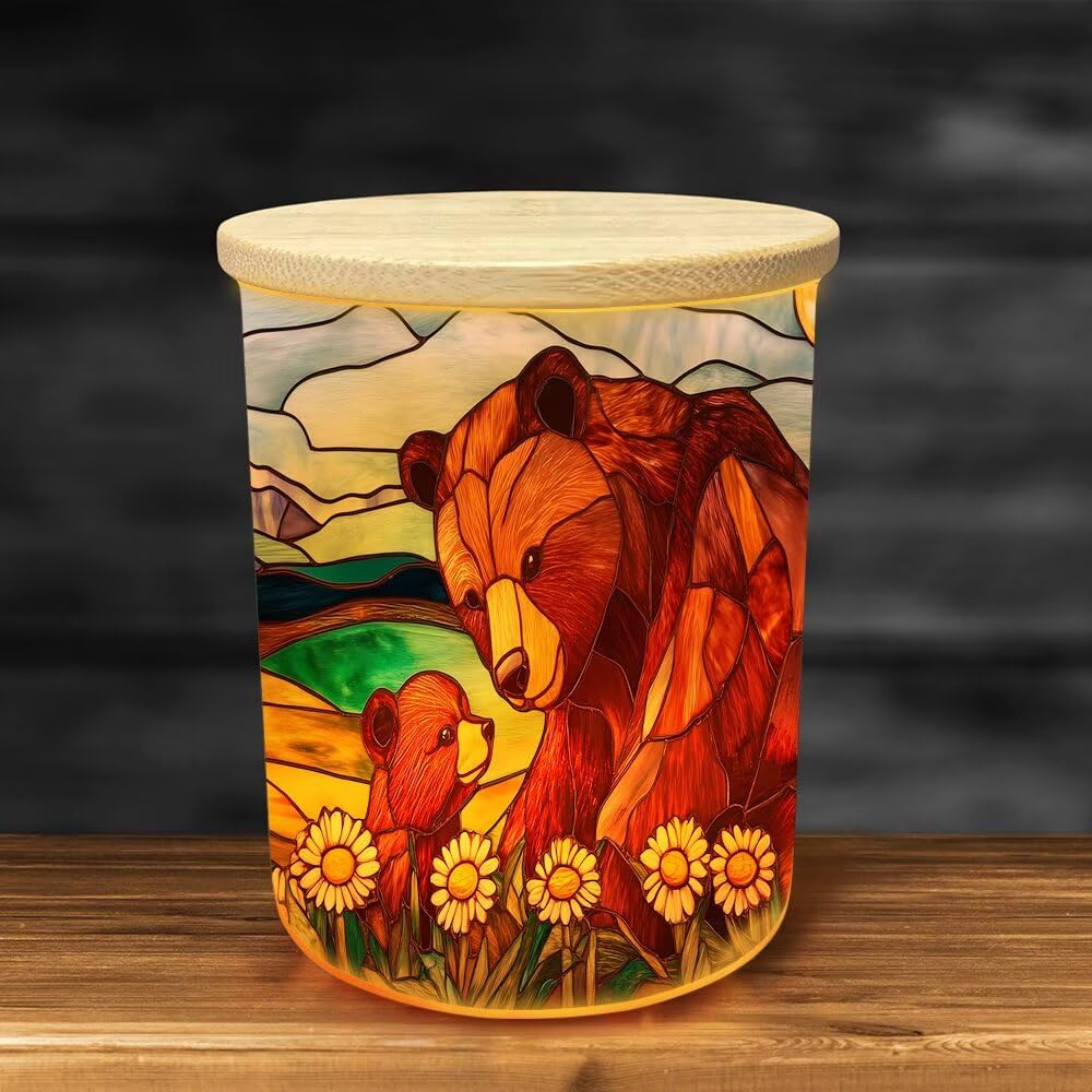 Stained Glass Bears Tea Light Candle Holders, Floral Tealight Candle Holder Jar with Wooden Lid, Farm Daisy Votive Candlesticks for Table Centerpieces, Christmas,Birthday Party,Home Decor