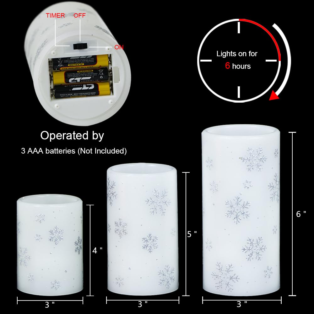 Eldnacele Christmas Flickering Flameless Candles with 6 Hour Timer, Silver Snowflake Decal Battery Operated Real Wax LED Pillar Candles Home Tabletop Holiday Decor(3Pcs,3×4/5/6 Inches)