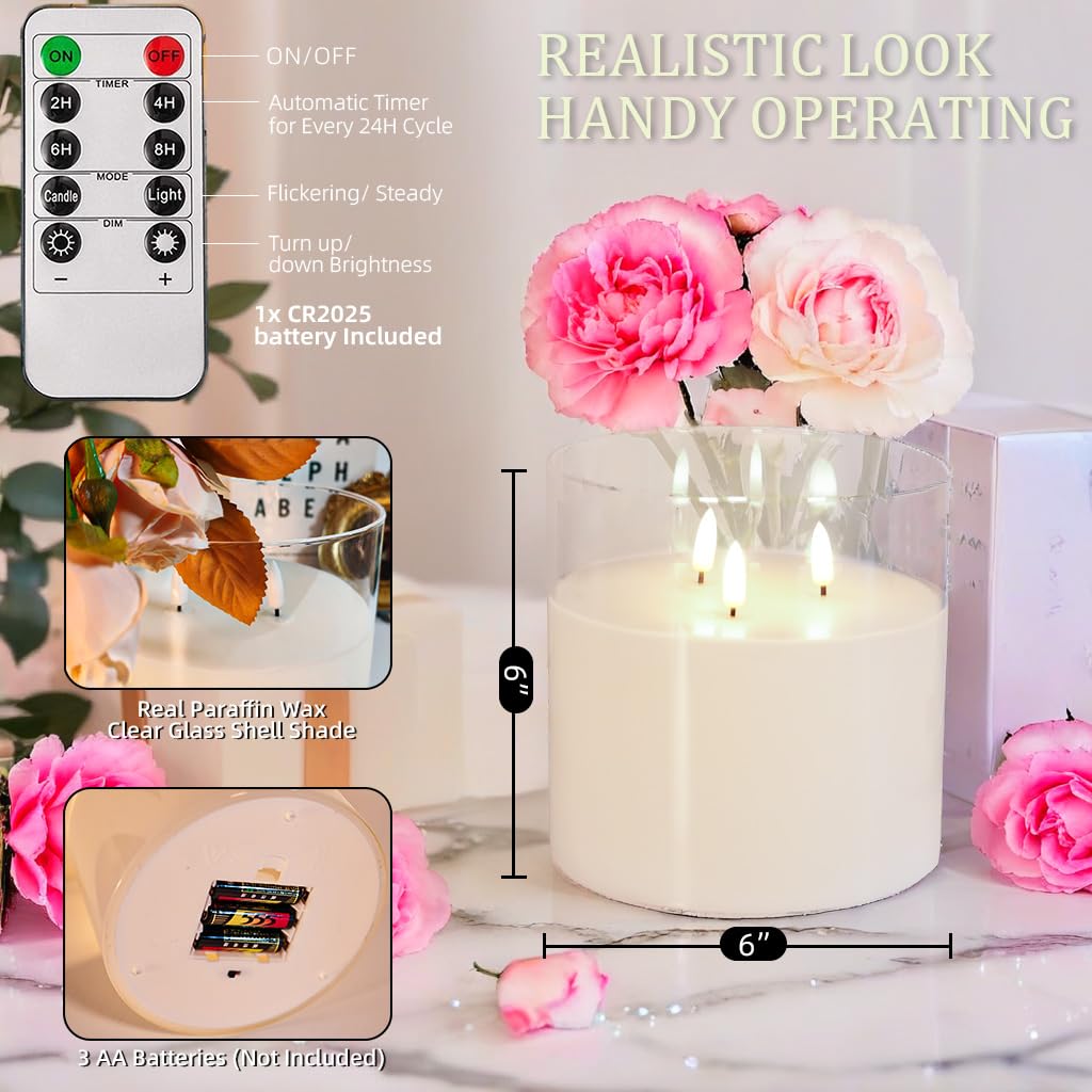 NICEME Extra Large 3 Wick Battery Operated Candle, 6"x6" Big Clear Glass Flameless Candles with Remote, Real Wax Flickering Led Pillar Fake Giant Candle for Wedding Party Holiday Home Decor, White