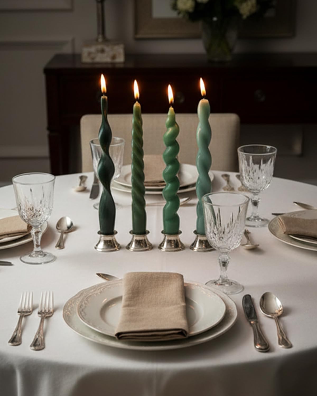Green Taper Candle Stick Spiral Taper Candle for Wedding Party Decoration Home Dinner Decoration Unscented Candles,7.6inch,4 Pack